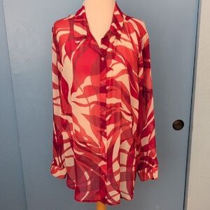 Liverpool Red Swirl Sheer Button-Up Blouse - Lightweight Long Sleeve